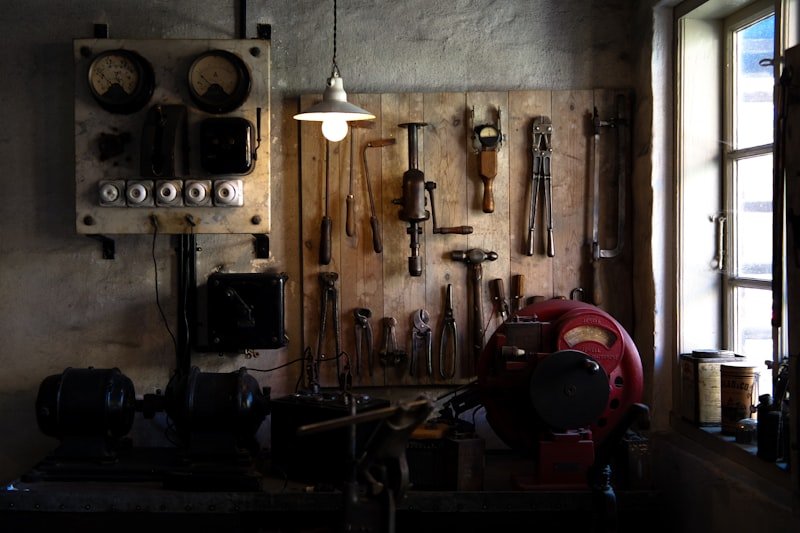 Assorted woodturning tools laid out on a workbench