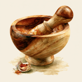 Wooden mortar and pestle with garlic and spices